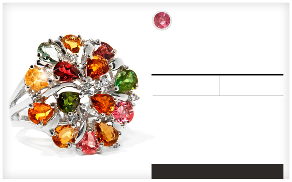 Torumaline. a silver ring decorated with gemstones in clear, red, pink, yellow, orange and blue. A semi-precious gemstone and october birthstone. Learn More.