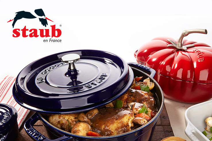 Staub en France cookware. Non-stick enamel interior. Oven safe to 500 degrees. Sear, Roast & Caramelize with cast-iron even heating.