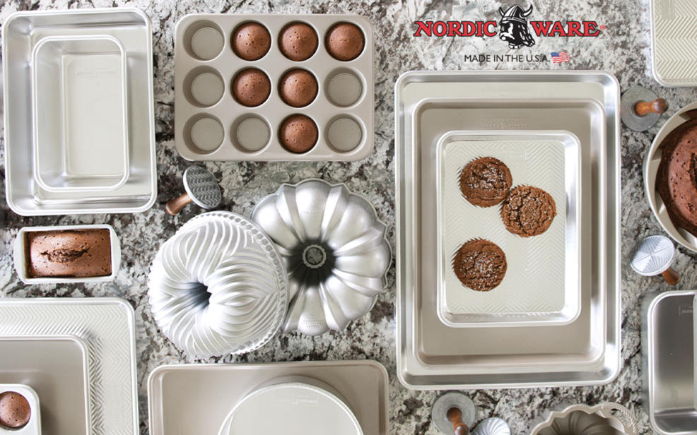 NordicWare. Made in the USA. An american flag. A wide variety of bakeware.