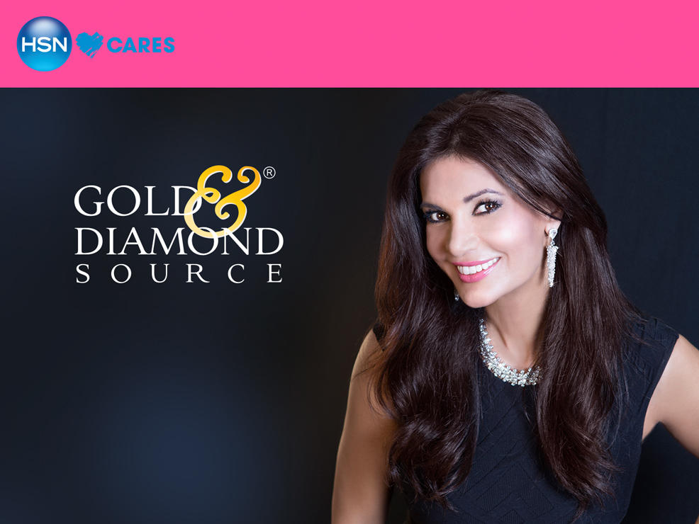 HSN Cares banner. Gold and Diamond Source. Julie Weintraub wears sparkling diamond jewelry