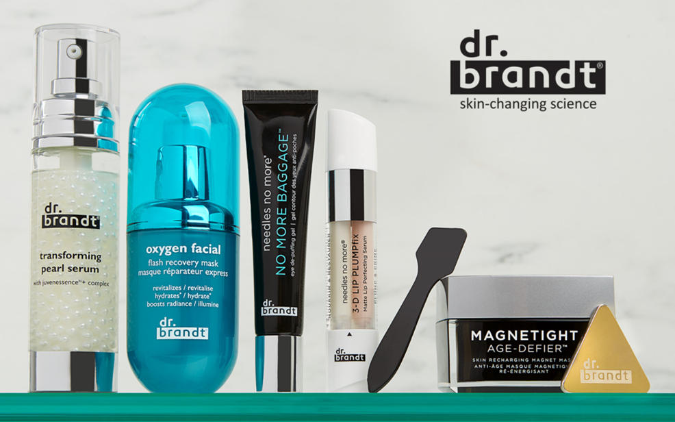 Dr. Brandt. Skin-changing science. transforming pearl serum, oxygen facial, lip plump fix, no more baggage eye de-puffing cream, magnetight age-defier mask.