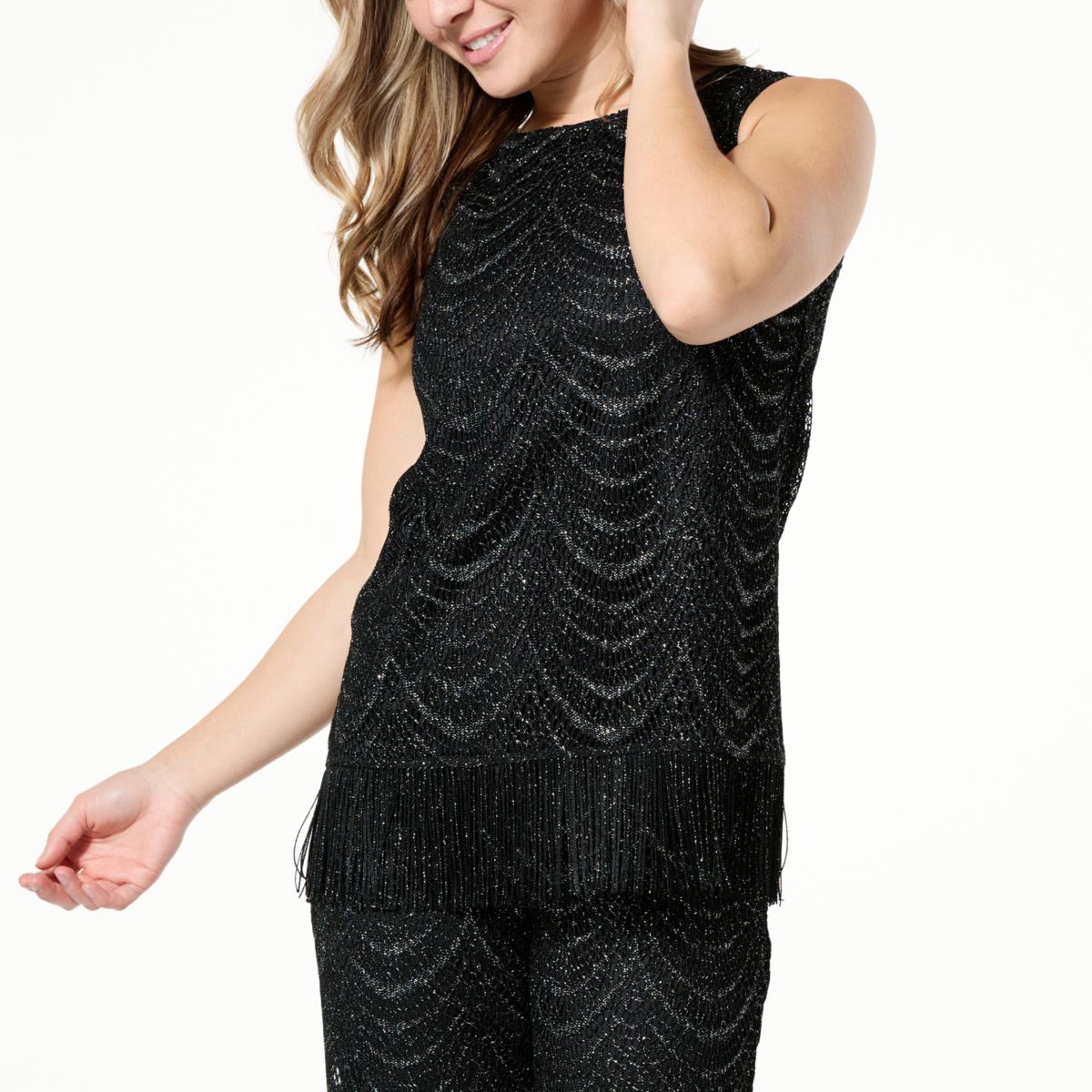 Antthony Scallop Metallic Lace Knit Lined Fringe Tank Hsn