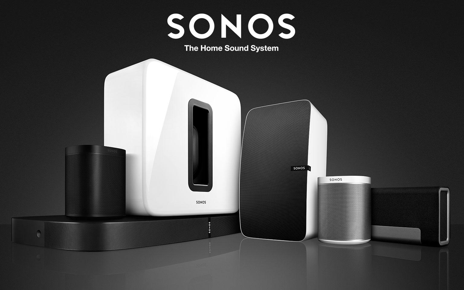 Sonos The home sound system. several black and white speakers.