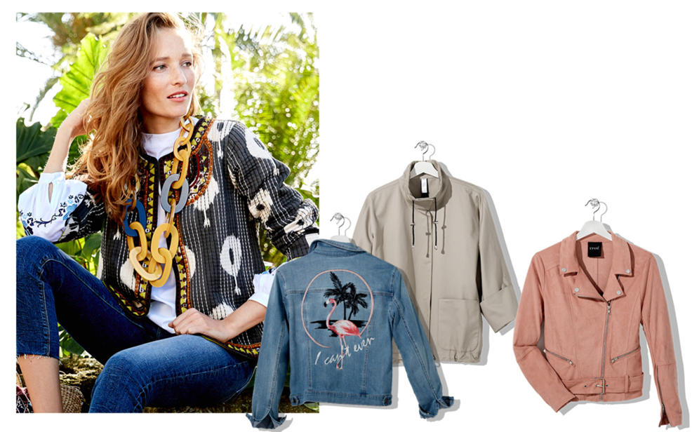 Woman wearing a giant wooden chain necklace and a jacket, and some other jackets
