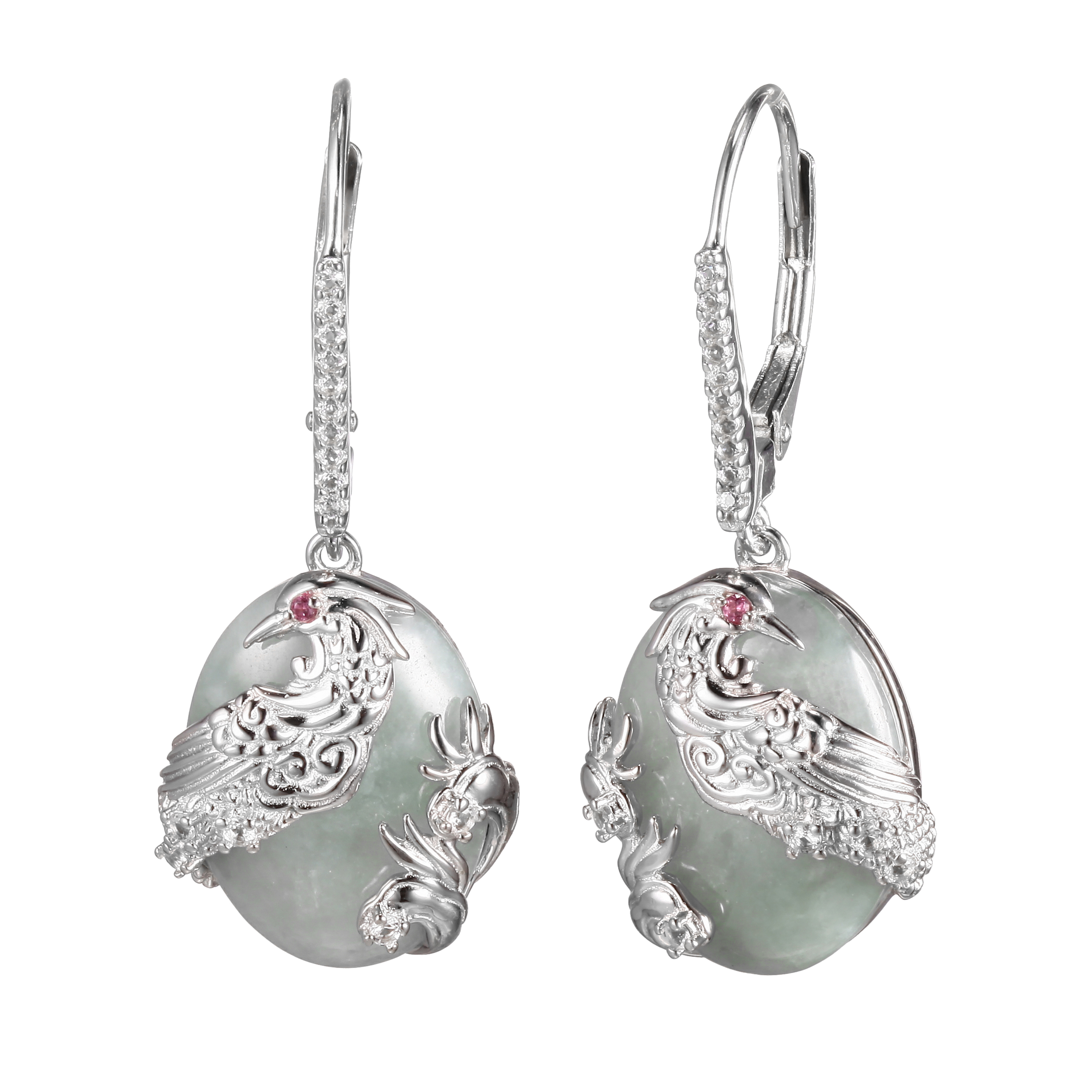 Jade of Yesteryear Sterling Silver Jade and Multigem Pheonix Earrings