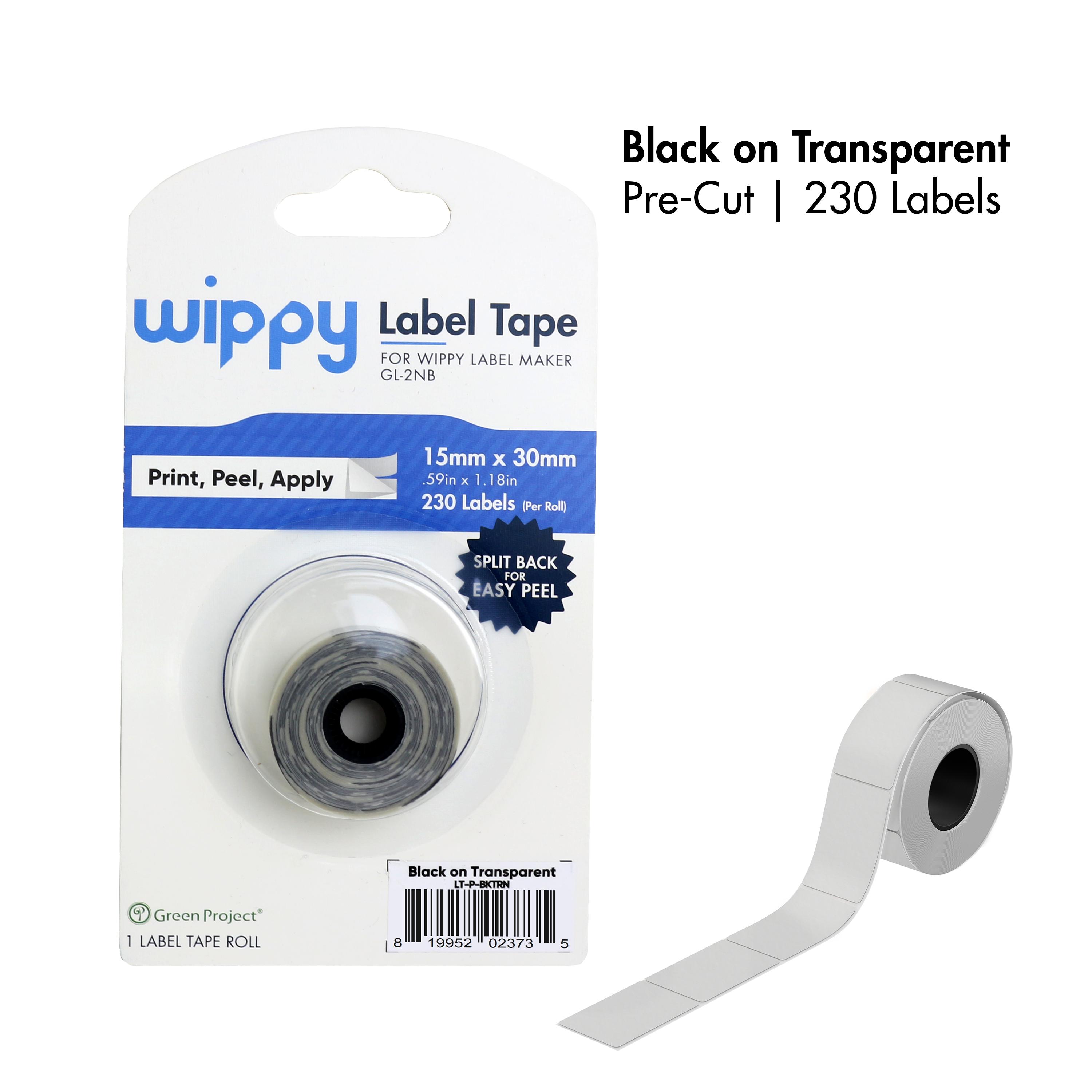 Wippy PreCut Laminated Label Tape Black on Transparent, 230 Labels
