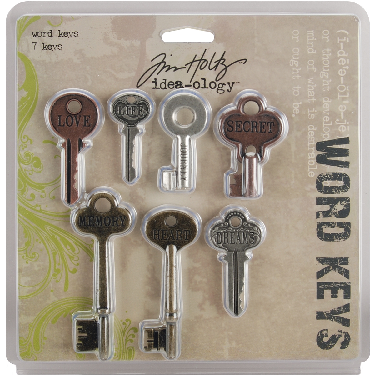 IdeaOlogy Metal Word Keys 1.5 To 3 7/Pkg Antique Nickel, Brass and