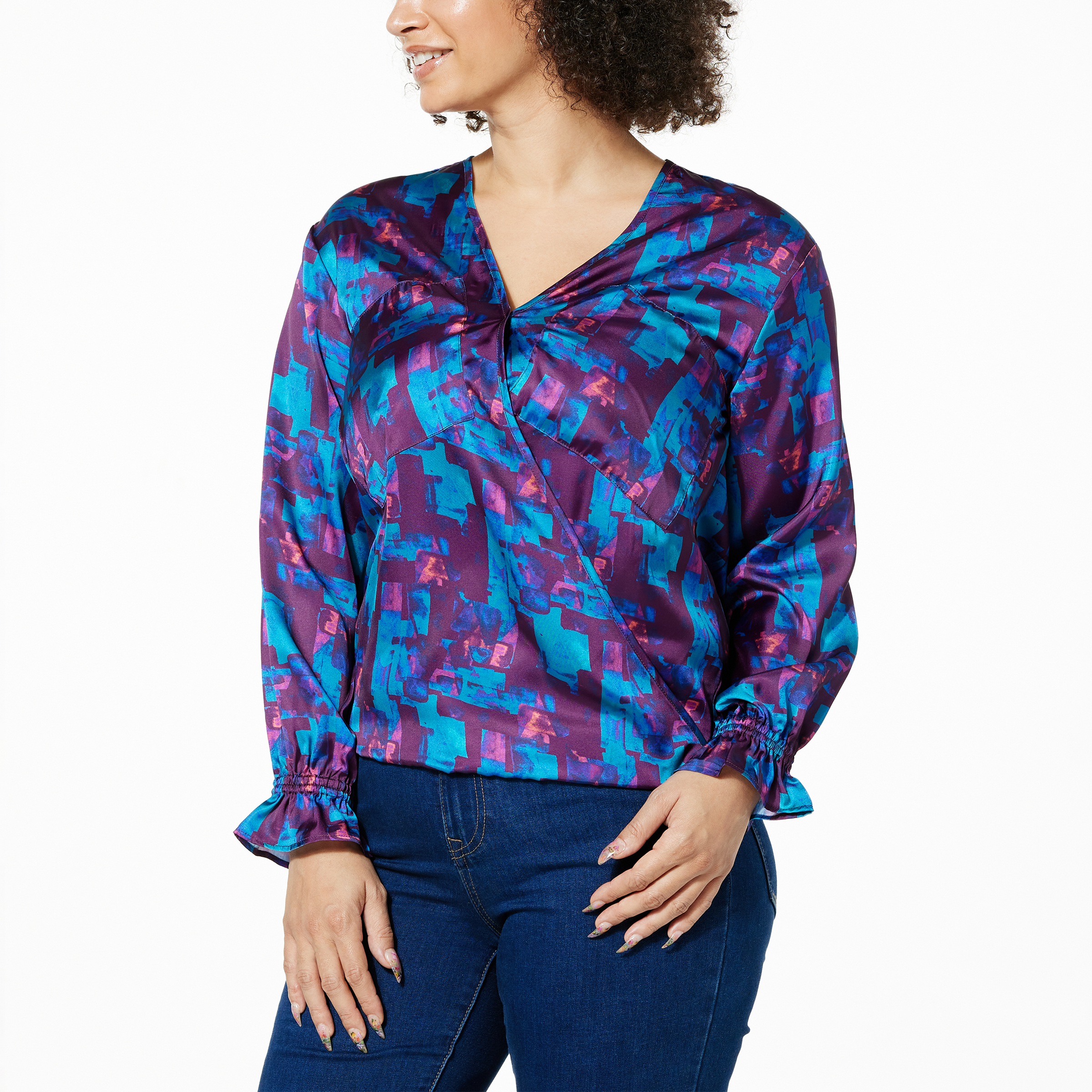 DG2 by Diane Gilman Printed Satin Hi-Low Hem V-Neck Blouse | HSN