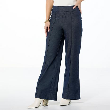 【Anyone more】Mirror Gray Blue Wide Pants Nina Leonard Pull-On Denim Wide Leg Pant - 23361906 | HSN