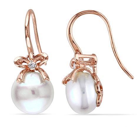 10K Rose Gold Freshwater Pearl and Diamond Bow Earrings