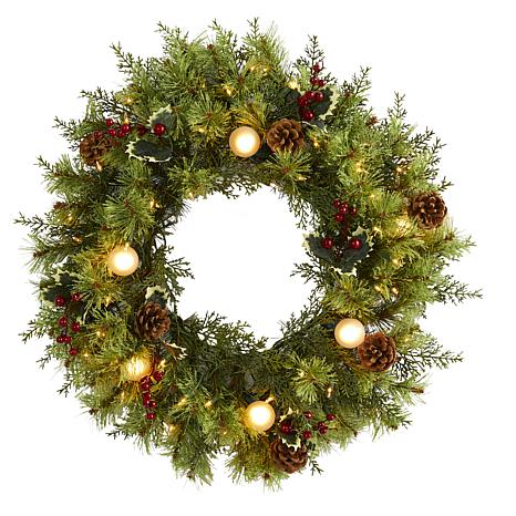 24 in. Christmas Artificial Wreath with 50 White Warm Lights, 7 Glo...