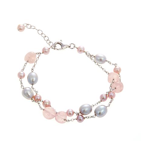 5 8mm Gray And Pink Cultured Freshwater Pearl Rose Quartz 5 8mm Cultured Pearl And Rose Quartz Bracelet