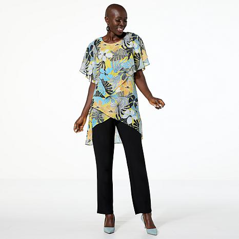 Antthony 2-piece Printed Chiffon Asymmetric Top & Solid Knit Pant Set