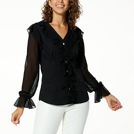 C Wonder Button Front Blouse with Ruffle Detail - 21043407 | HSN