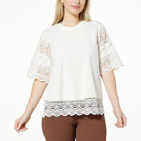 DG2 by Diane Gilman Lace Trim Short-Sleeve Easy Top - 22269208 | HSN