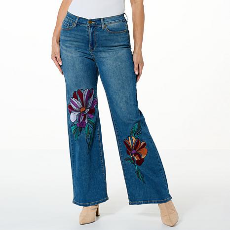 Floral Embroidery Stretchy Flare Leg Jeans Medium Washed - Temu Canada