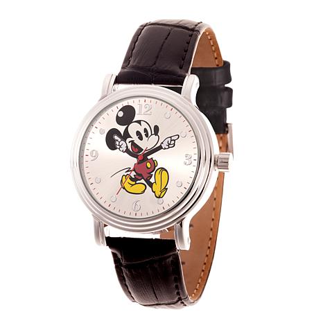 Disney Mickey Mouse Women's Shiny Silver Watch w/ Black Leather Strap