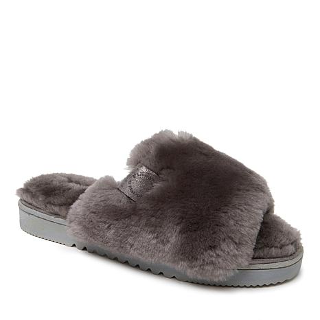 dearfoams women's fireside cairns shearling slide with metallic trim slipper