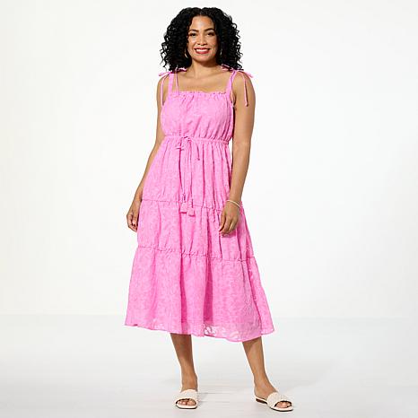 G by Giuliana Tie-Shoulder Woven Tiered Midi Dress