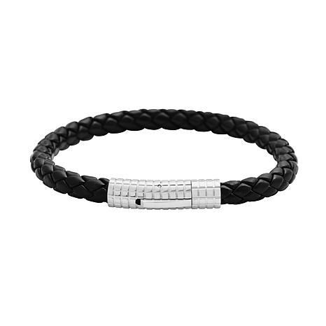 Men's Black Braided Leather Bracelet with Textured Clasp - 9623659 | HSN