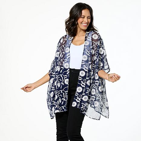 Nina Leonard Embroidered Novelty Chiffon Kimono | HSN