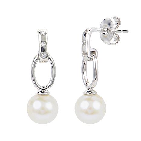 Sterling Silver Cultured Pearl and Created Sapphire Drop Earrings ...