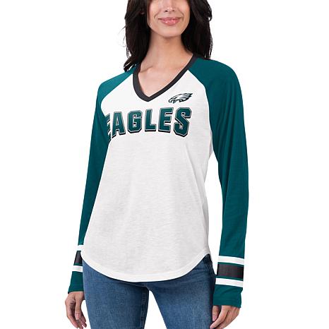 Women's G-III 4Her by Carl Banks White/Green Philadelphia Eagles Top Team  Raglan V-Neck Long Sleeve