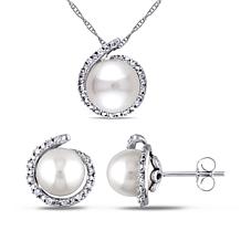 10K White Gold Cultured Pearl and Diamond Halo Earrings and Pendant