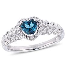 10K White Gold Diamond Accent and London Blue Topaz Halo Heart  Ring