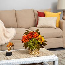 11 in. Peony, Dahlia and Sunflower Artificial Arrangement in Gold Vase