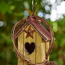 11.5"H Distressed Wood Cottage Decorative Garden Birdhouse with Rattan