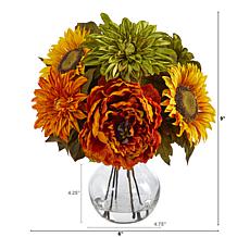 12 in. Peony, Dahlia and Sunflower Artificial Arrangement in Glass ...