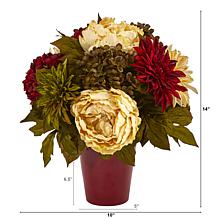 14 in. Peony, Hydrangea and Dahlia Artificial Arrangement in Burgun...
