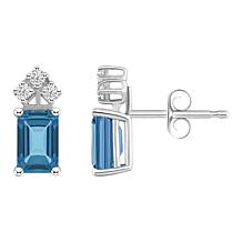 14K White Gold 6x4mm Emerald-Cut Gemstone and 3-Diamond Stud Earrings
