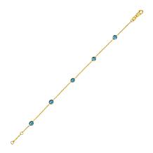 14K Yellow Gold Blue Topaz Station 7" Chain Bracelet 