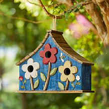 15"L Oversized Washed Blue Distressed Solid Wood Three-Story Birdhouse