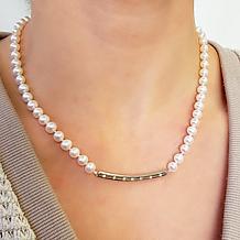 18" 6-7mm Cultured Pearl and Created Sapphire Bar Drop Necklace