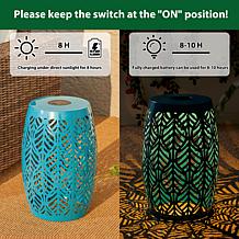 18.25"H Blue Iron Leaf Pattern Drum Silhouette Solar Garden Stool