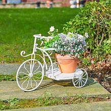 18"L Washed White Solid Wood and Metal Tricycle Planter Stand