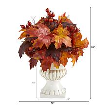 20 in. Autumn Maple Leaf and Berries Artificial Plant in White Urn
