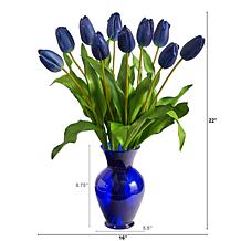 22 in. Dutch Tulip Artificial Arrangement in Blue Colored Vase