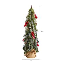 24 in. Flocked Christmas Artificial Tree with Berries and Pine Cones