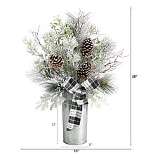 28” Frosted Greenery and Pinecone in Decorative Tin
