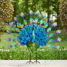 28.75"W Metal Peacock Tail Spread Garden Statue with Stakes
