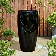 29.25"H Oversized Black Outdoor Ceramic Pot Fountain w/Pump, LED Light