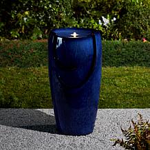 29.25"H Oversized Blue Outdoor Ceramic Pot Fountain w/Pump, LED Light