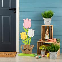30" Easter Wooden Porch Decor with Colorful Tulips