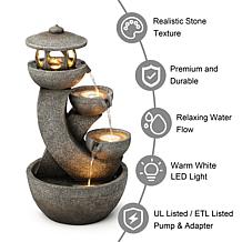 32"H 4-Tiered Pagoda Polyresin Outdoor Fountain w/ Pump and LED Light