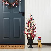 36"H Patriotic/Americana Berry & Stars Lighted Porch Tree in Urn