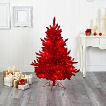 4' Red Flocked Fraser Fir Artificial Christmas Tree with 100 Red Li...